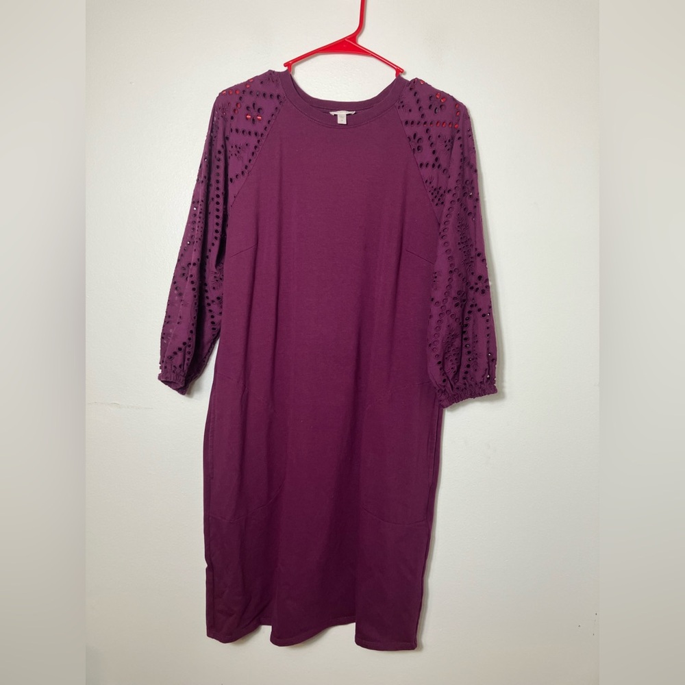 Garnet‎ Hill Midi Dress Ballon Eyelet Long Sleeves Sz M Purple Organic Pockets
